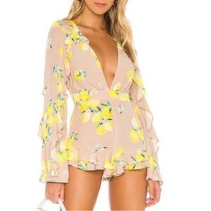 MAJORELLE Devon Romper Ruffle Long Sleeves Deep V Tan Lemon Print Size Small